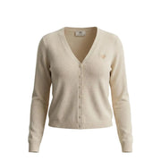 Cream-colored Jacqueline de Yong long jlv knit cardigan with v-neck button-front closure and heart embroidery