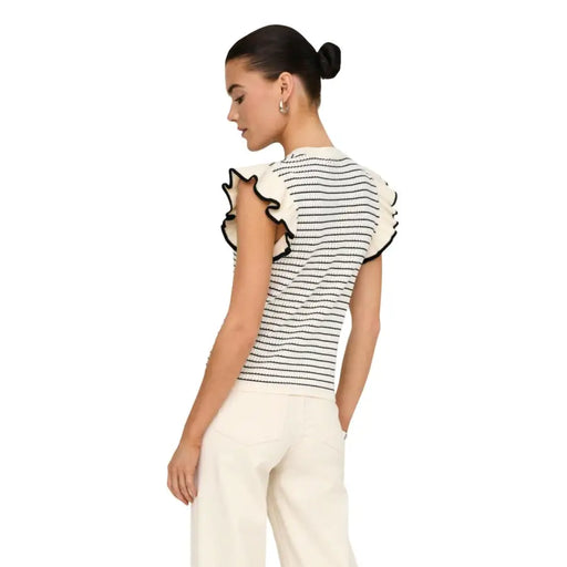 Jacqueline De Yong Beige gestreifte, ärmellose Strickware aus Baumwolle mit Rüschenärmeln