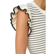 Jacqueline De Yong beige gestreifter, ärmelloser Baumwollstrick top mit Rüschenärmeln