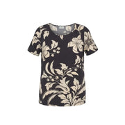 Jacqueline de yong black short sleeve blouse with cream floral and leaf patterns for casual wear