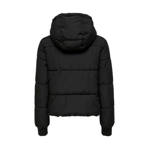 Black quilted hooded polyester puffer jacket by jacqueline de yong with sleek modern design shown from the back side