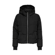 Jacqueline de yong black hooded polyester puffer jacket with silver zipper for cold weather wear