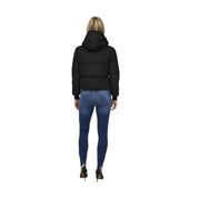 Black hooded puffer jacket with quilted design made of polyester by Jacqueline de Yong