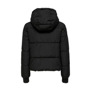 Black quilted hooded polyester puffer jacket by jacqueline de yong with sleek modern design shown from the back side