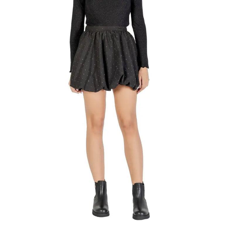 Jacqueline de yong black polka dot mini skirt with flared ruffled hem and elastic waistband for women