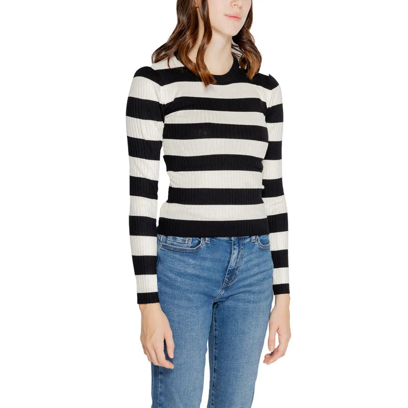 Jacqueline de yong black striped long sleeve knitwear ribbed knit sweater with black and white horizontal stripes