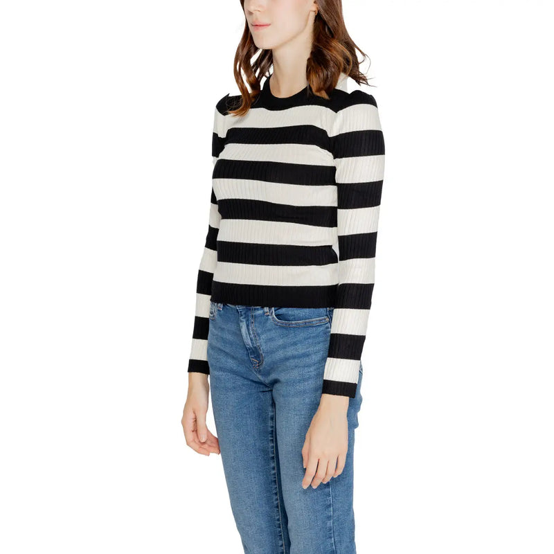 Jacqueline de yong black and white striped long sleeve ribbed knit sweater in soft knitwear material