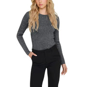 Woman wearing Jacqueline De Yong blue viscose blend long round neck knitwear and black pants