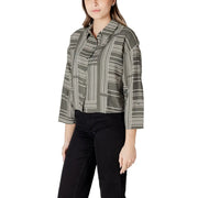 Olive green and cream geometric-striped button-up blouse with three-quarter sleeves by Jacqueline de Yong