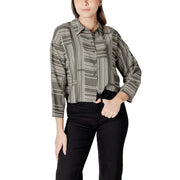 Jacqueline de yong olive green and white geometric striped button-up blouse with three quarter sleeves