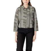 Jacqueline de yong green print long sleeve blouse with olive green and white stripes and a relaxed button-up fit