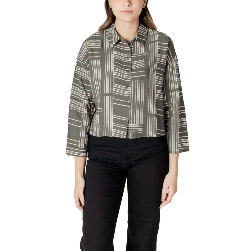 Jacqueline de yong green print long sleeve blouse with olive green and white stripes and a relaxed button-up fit