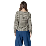 Jacqueline de yong olive green v-neck long sleeve blouse with geometric white and beige vertical stripes pattern