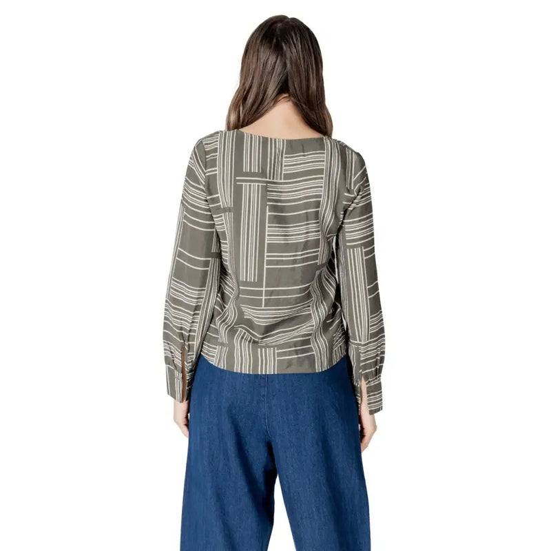 Jacqueline de yong olive green v-neck long sleeve blouse with geometric white and beige vertical stripes pattern