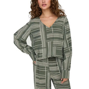 Jacqueline de yong olive green and white geometric print v-neck long sleeve blouse with lightweight fabric