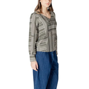 Jacqueline de yong green print v-neck long sleeve blouse with olive green and white geometric stripes for women