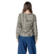 Jacqueline de yong olive green v-neck long sleeve blouse with geometric white and beige vertical stripes pattern