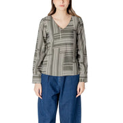 Jacqueline de Yong green print v-neck long sleeve blouse with olive green and cream geometric stripes
