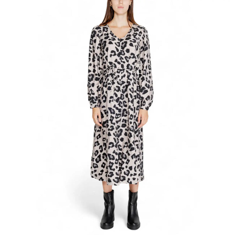 Jacqueline De Yong grey leopard long sleeve V-neck midi dress