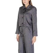 A sleek dark gray textured polyester blazer with classic collar and black buttons by Jacqueline De Yong for women