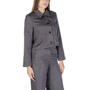 Jacqueline de Yong grey polyester blazer for women with dark gray herringbone pattern, classic collar, and three black buttons
