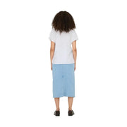 Light blue denim midi skirt paired with jacqueline de yong white short sleeve v neck linen viscose blouse