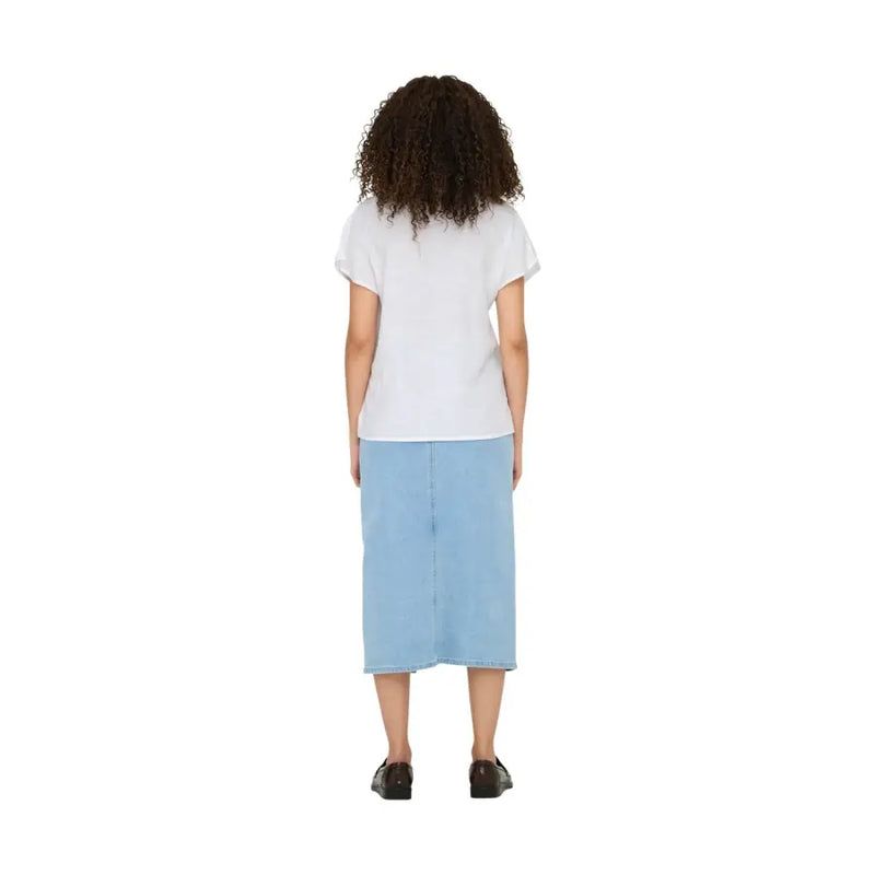 Light blue denim midi skirt paired with jacqueline de yong white short sleeve v neck linen viscose blouse