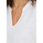 Jacqueline de yong white short sleeve v neck blouse in linen viscose with a soft textured weave and relaxed v neckline
