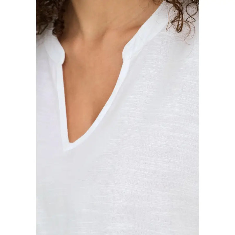 Jacqueline de yong white short sleeve v neck blouse in linen viscose with a soft textured weave and relaxed v neckline