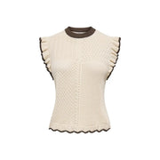 Jacqueline de yong women beige cotton sleeveless knit top with brown ruffled trim on neckline armholes and hem