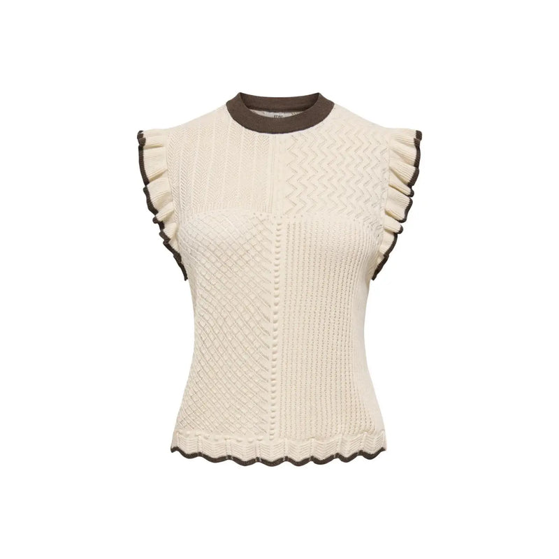 Jacqueline de yong women beige cotton sleeveless knit top with brown ruffled trim on neckline armholes and hem