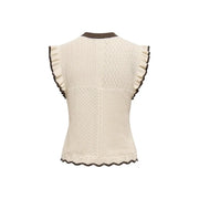 Cream-colored knit sleeveless top with brown ruffled trim by Jacqueline de Yong in beige cotton for women