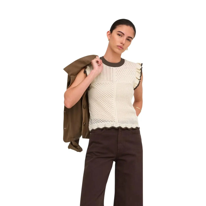 Jacqueline de yong women beige cotton knit sleeveless top with dark brown ruffled trim and textured patchwork design