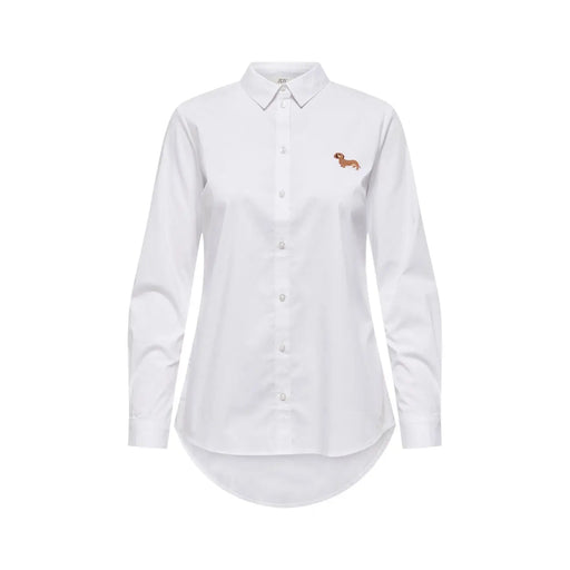 Jacqueline de yong women beige cotton long sleeve shirt with a white button-up style and embroidered dachshund on left chest