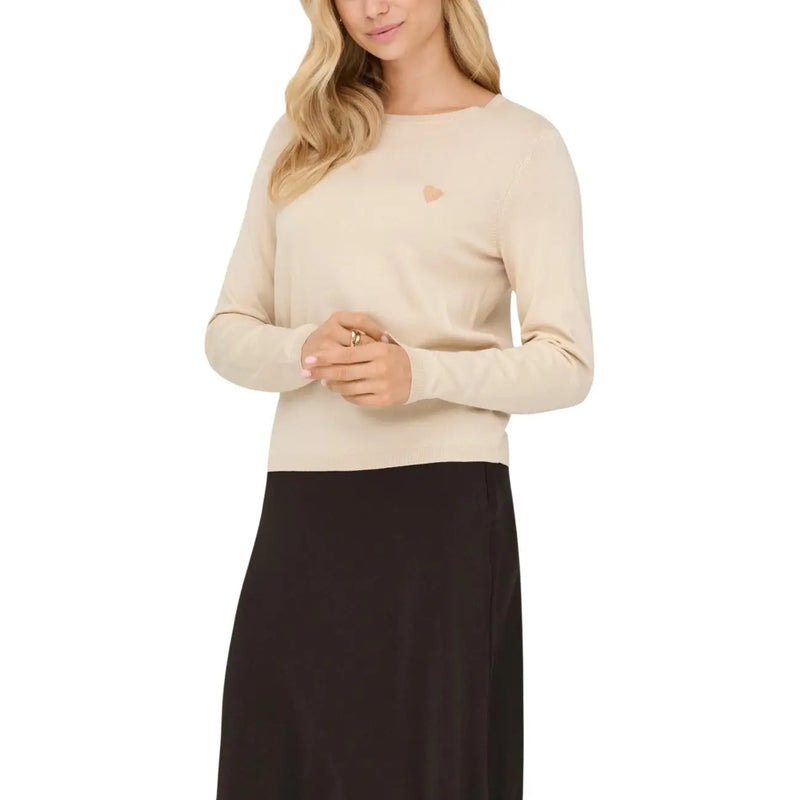 Jacqueline de Yong Damen-Pullover aus beigefarbenem, langärmeligem Strickgewebe aus Viskosemischung mit Pfirsichherz-Stickerei auf der Brust