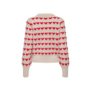 Jacqueline de Yong Damenpullover aus beigefarbenem Polyesterstrick mit cremefarbenem Strickmuster und leuchtend roten Herzchenmotiven