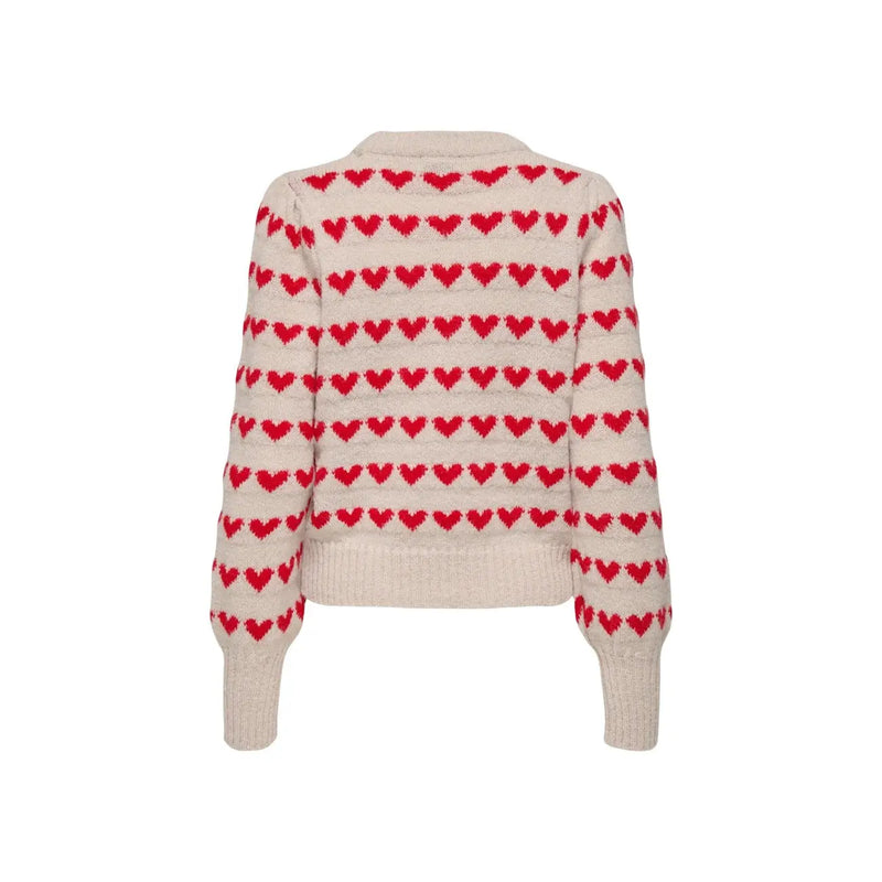 Jacqueline de Yong Damenpullover aus beigefarbenem Polyesterstrick mit cremefarbenem Strickmuster und leuchtend roten Herzchenmotiven