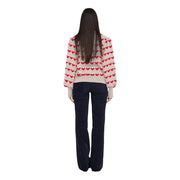 Jacqueline de Yong Damenpullover aus beigefarbenem Polyester-Strick mit rotem Herzmuster, langen Ärmeln und gerippten Bündchen