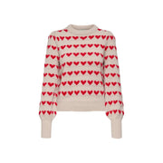 Jacqueline De Yong Beigefarbener Damen-Strickpullover aus Polyester mit cremefarbenem Strickmuster und roten Herzchenmotiven
