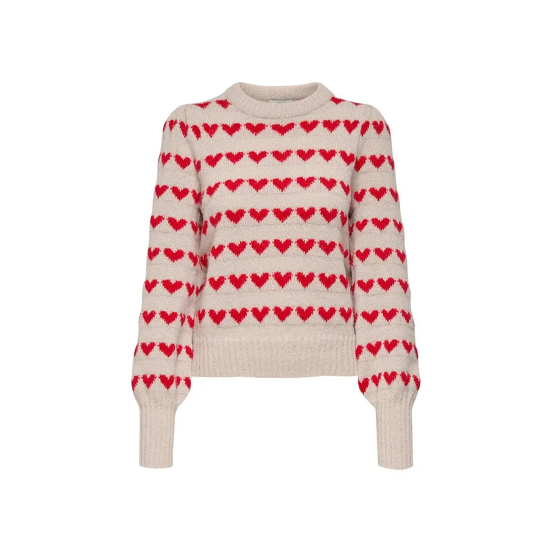 Jacqueline De Yong Beigefarbener Damen-Strickpullover aus Polyester mit cremefarbenem Strickmuster und roten Herzchenmotiven