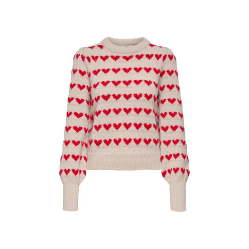 Jacqueline De Yong Beigefarbener Damen-Strickpullover aus Polyester mit cremefarbenem Strickmuster und roten Herzchenmotiven