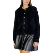 Black fuzzy cardigan by Jacqueline de Yong with diamond-patterned knit and sparkling silver buttons nylon blend