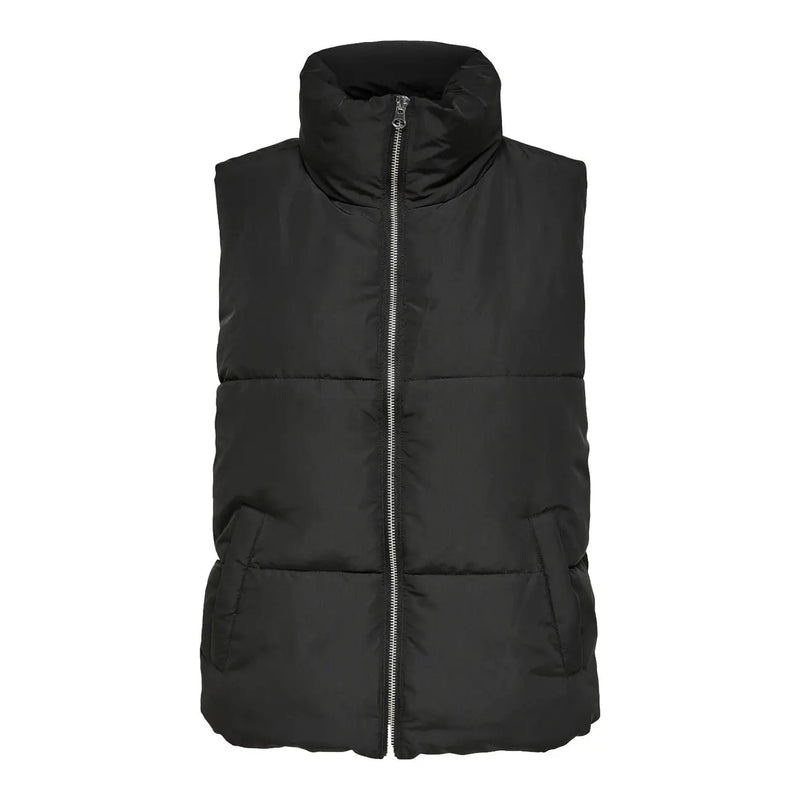 Schwarze Steppweste aus Polyester von Jacqueline de Yong für Damen mit hohem Kragen und silbernem Reißverschluss am Rollkragen