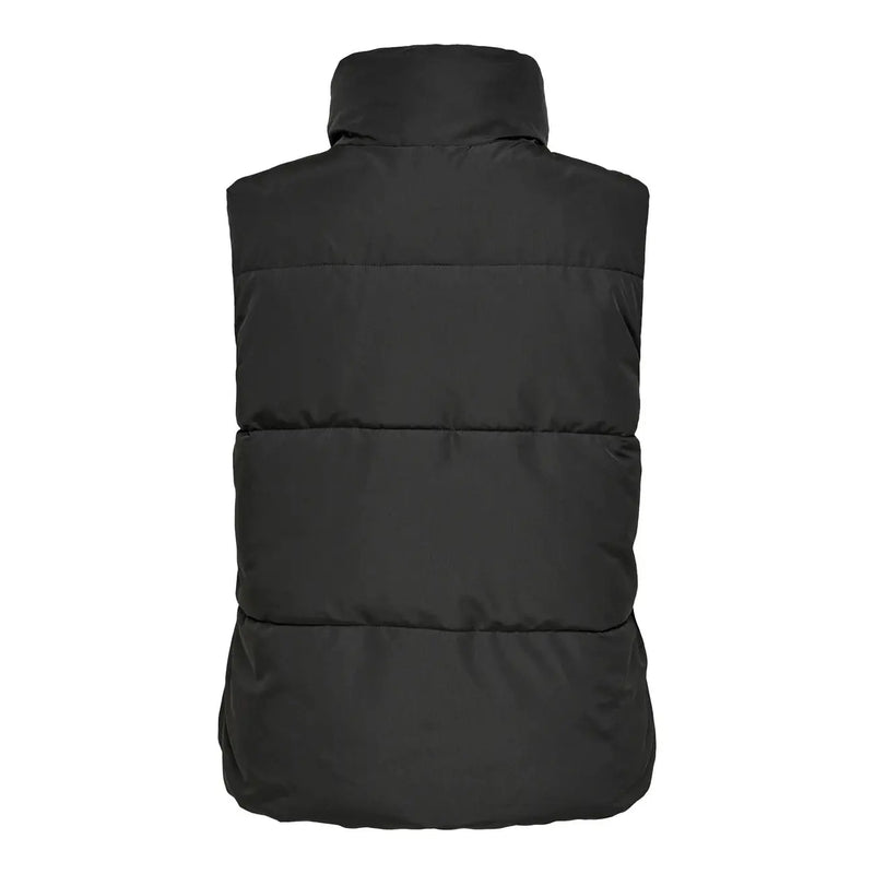 Schwarze, gesteppte Damen-Steppweste aus Polyester von Jacqueline de Yong mit hohem Kragen und horizontalen Ziernähten