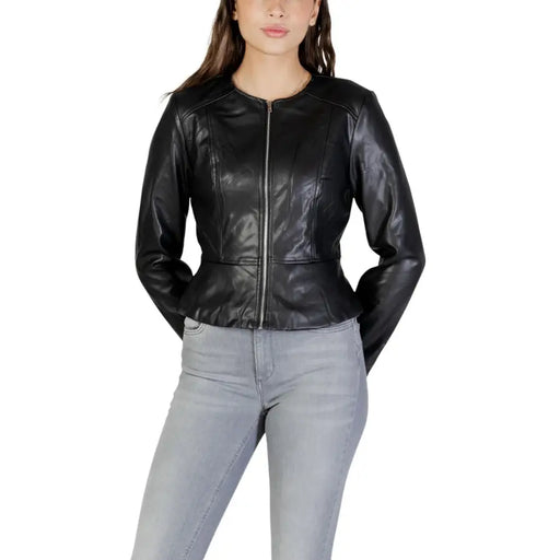 Jacqueline De Yong black leather moto blazer with peplum hem and zipper