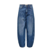 Jacqueline de Yong Damen-Jeans aus blauem Baumwoll-Denim mit hohem Bund, verwaschener Optik und weitem, schmal zulaufendem Bein
