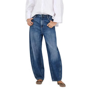 Jacqueline de Yong Damen-Jeans aus blauem, hochgeschnittenem Denim mit weitem Bein, mittlerer Waschung, klassischer Naht und Knopfleiste.