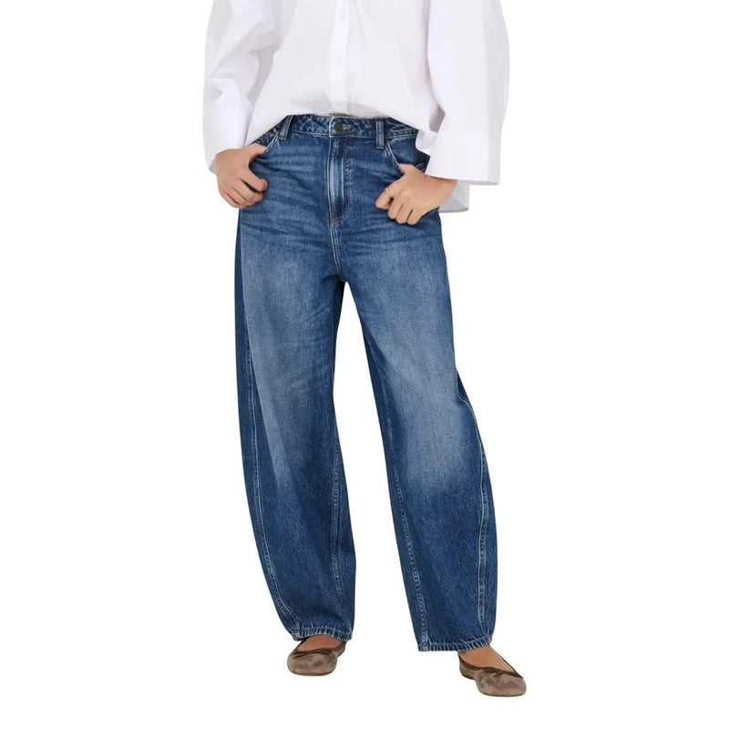 Jacqueline de Yong Damen-Jeans aus blauem, hochgeschnittenem Denim mit weitem Bein, mittlerer Waschung, klassischer Naht und Knopfleiste.