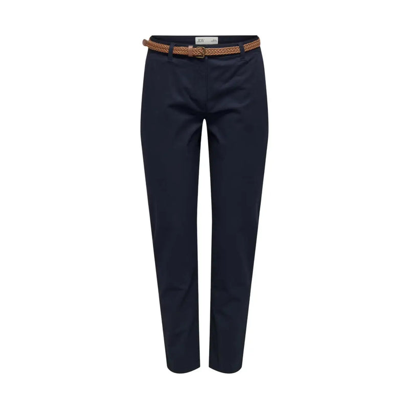 Marineblaue, gerade geschnittene Baumwoll-Chinos mit einem gewebten, hellbraunen Gürtel aus der Damenkollektion von Jacqueline de Yong.