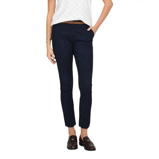 Marineblaue, schmal geschnittene Chino-Gürtelhose für Damen aus Baumwolle von Jacqueline de Yong, Vorderansicht